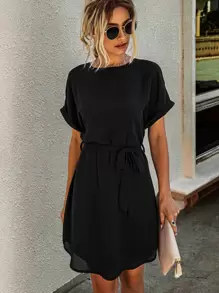 SHEIN LUNE Solid Self Tie Tunic Dress - Black - View 1