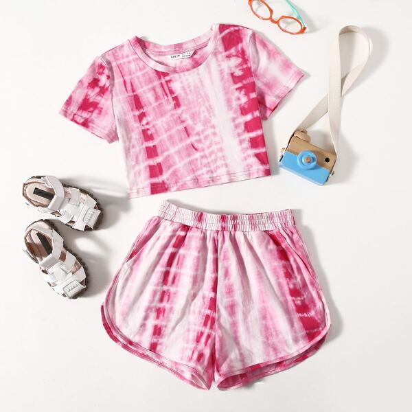 

Girls Tie Dye Crop Top & Shorts Set, Pink
