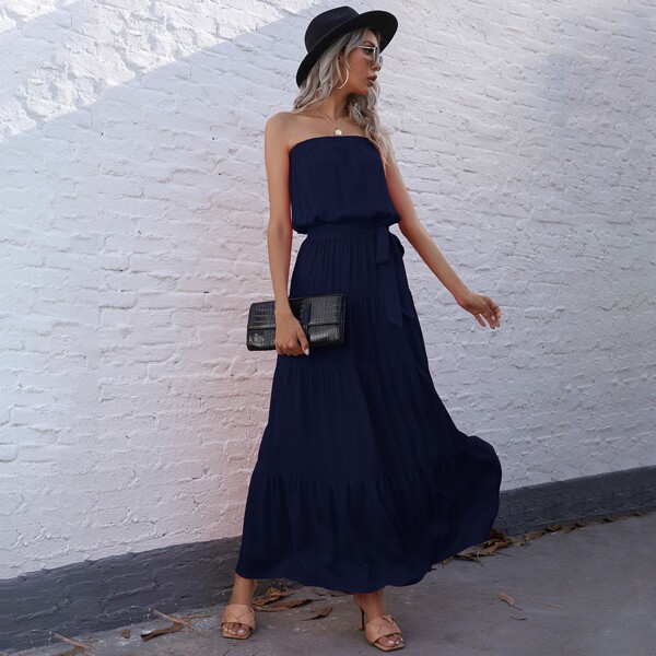 

Flounce Hem Belted Tube Dress, Navy blue