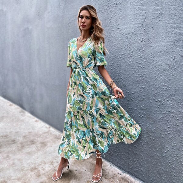 

Tropical Print Surplice Front Ruffle Hem Dress, Multicolor