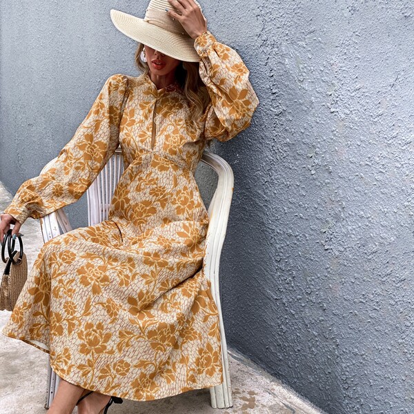 

Floral Bishop Sleeve Backless A-line Dress, Yellow