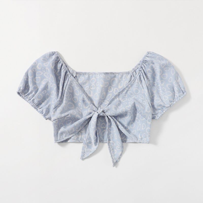 

All Over Print Knot Crop Top, Dusty blue