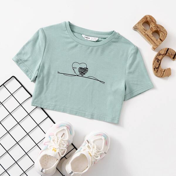 

Girls Heart Print Crop Top, Mint green