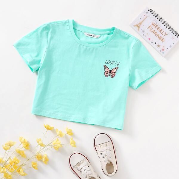 

Girls Butterfly & Letter Graphic Tee, Mint blue