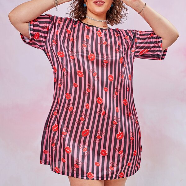 

Plus Lip And Striped Print Satin Night Dress, Multicolor