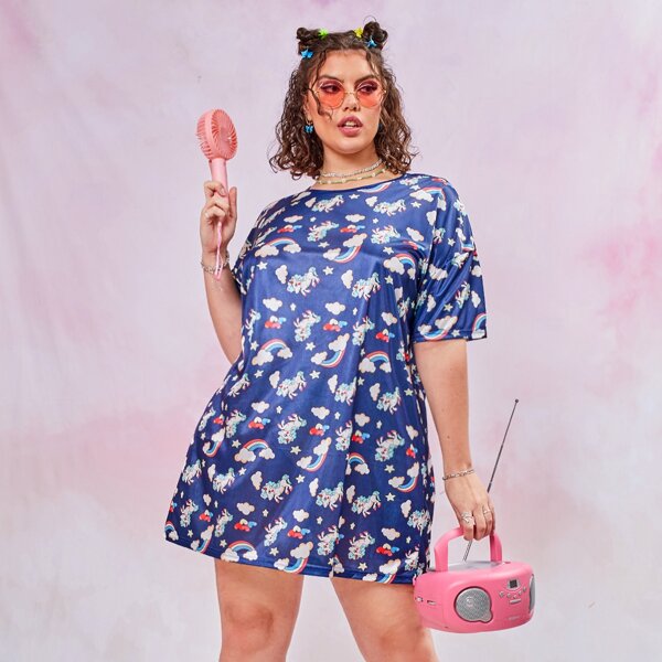 

Plus Unicorn Print Drop Shoulder Satin Night Dress, Navy blue