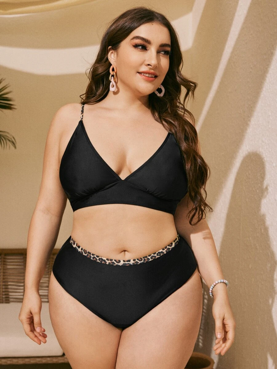 Plus Size Leopard Trim High Waisted Bikini Set Summer Beach - Black - View 1