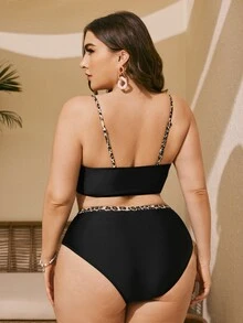 Plus Size Leopard Trim High Waisted Bikini Set Summer Beach - Black - View 2