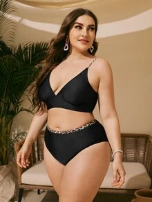 Plus Size Leopard Trim High Waisted Bikini Set Summer Beach - Black - View 3
