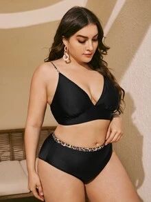 Plus Size Leopard Trim High Waisted Bikini Set Summer Beach - Black - View 5