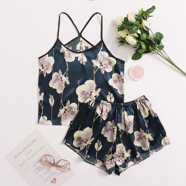 

Floral Print Satin PJ Set, Multicolor