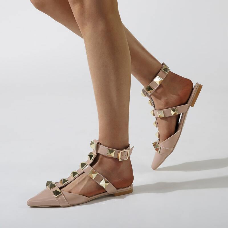 

Studded Decor Ankle Strap Flats, Baby pink