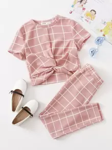 SHEIN Bộ hai mảnh Gái xoắn lại Sọc ca rô Giải trí - Bụi hồng - Xem 1