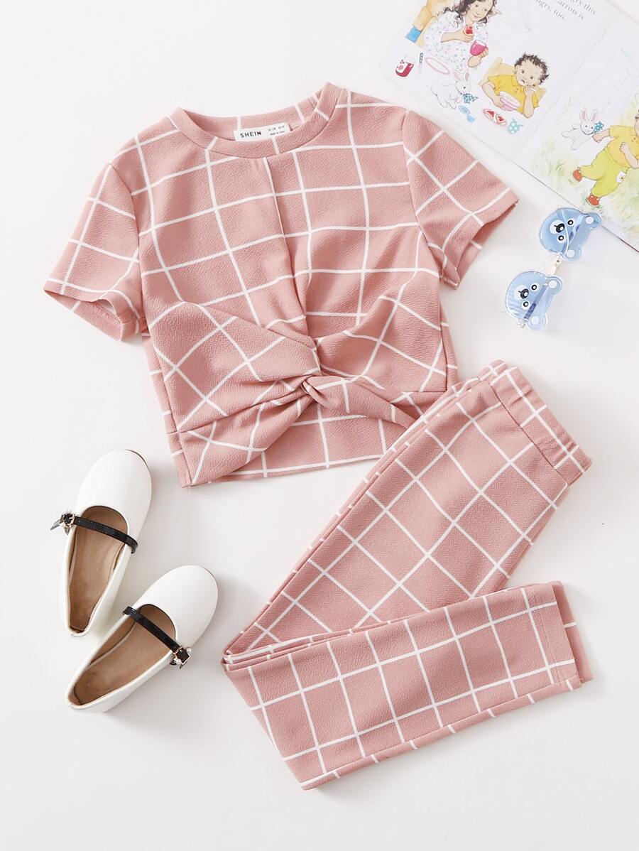 SHEIN Bộ hai mảnh Gái xoắn lại Sọc ca rô Giải trí - Bụi hồng - Xem 1