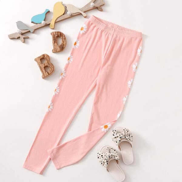 

Girls Daisy Print Leggings, Baby pink