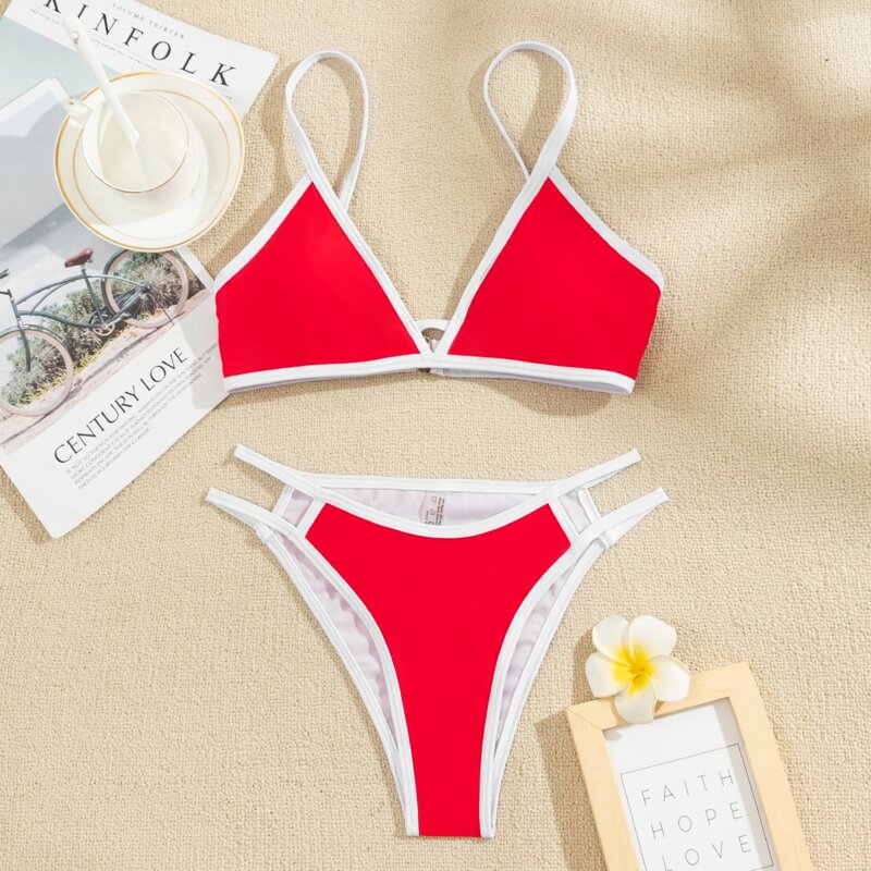 

Contrast Binding Cut Out Bikini Swimsuit, Red