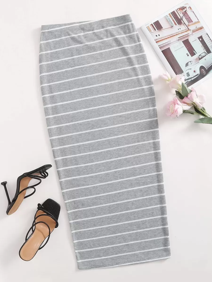 SHEIN EZwear Striped Bodycon Skirt - Light Grey - View 1