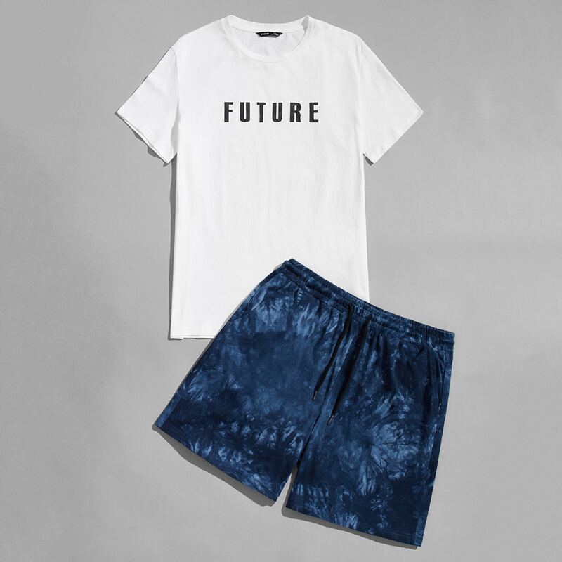 

Guys Letter Graphic Tee & Tie Dye Drawstring Shorts Set, Blue and white