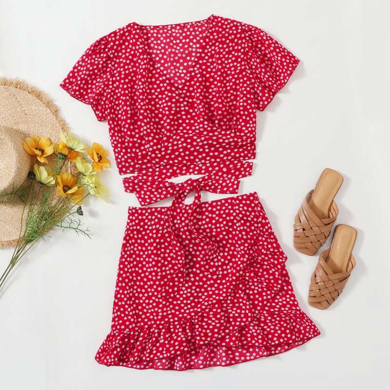 

Ditsy Floral Wrap Criss Cross Crop Top & Skirt, Red and white