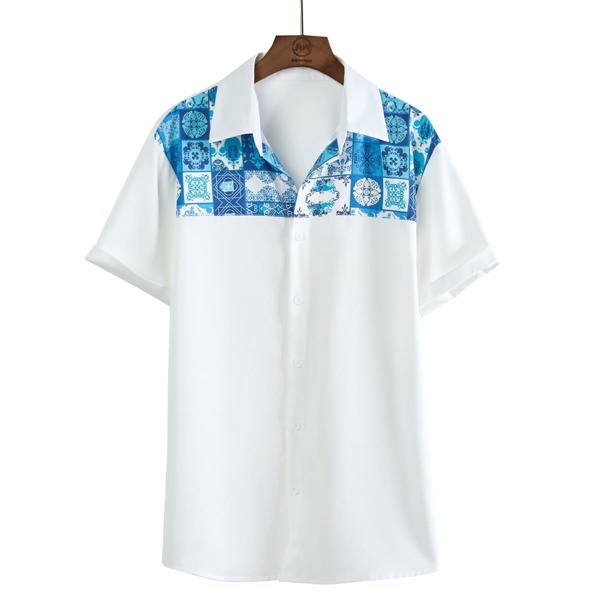 

Men Patchwork Print Button Up Shirt, White