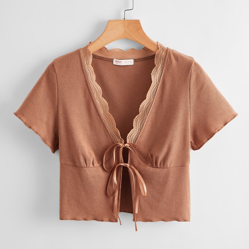 

Contrast Lace Tie Front Ribbed Crop Top, Brown