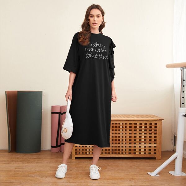 

Slogan Graphic Ruffle Trim Dress, Black