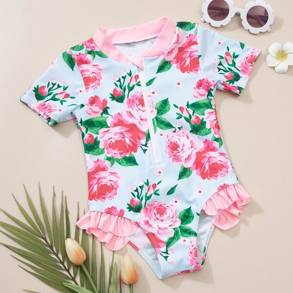

Toddler Girls Floral Ruffle Trim One Piece Swimsuit, Multicolor