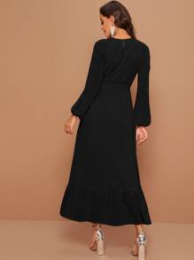 Modelyn Raglan Lantern Sleeve Flounce Hem Swiss Dot Dress - Black - View 2