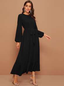 Modelyn Raglan Lantern Sleeve Flounce Hem Swiss Dot Dress - Black - View 3