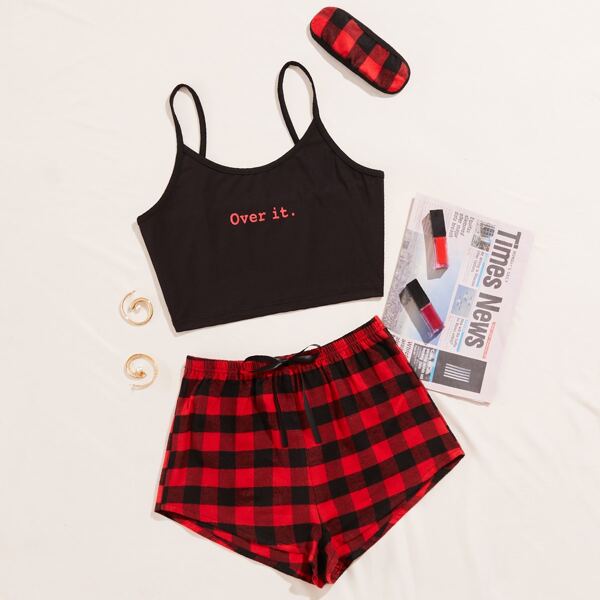 

Buffalo Plaid & Slogan Graphic Bow Detail Cami PJ Set & Eye Mask, Multicolor
