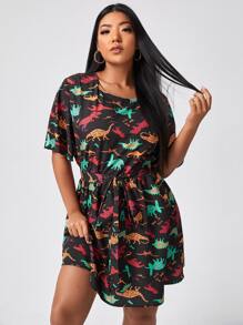Plus All Over Dinosaur Print Belted A-line Dress - Multicolor - View 1