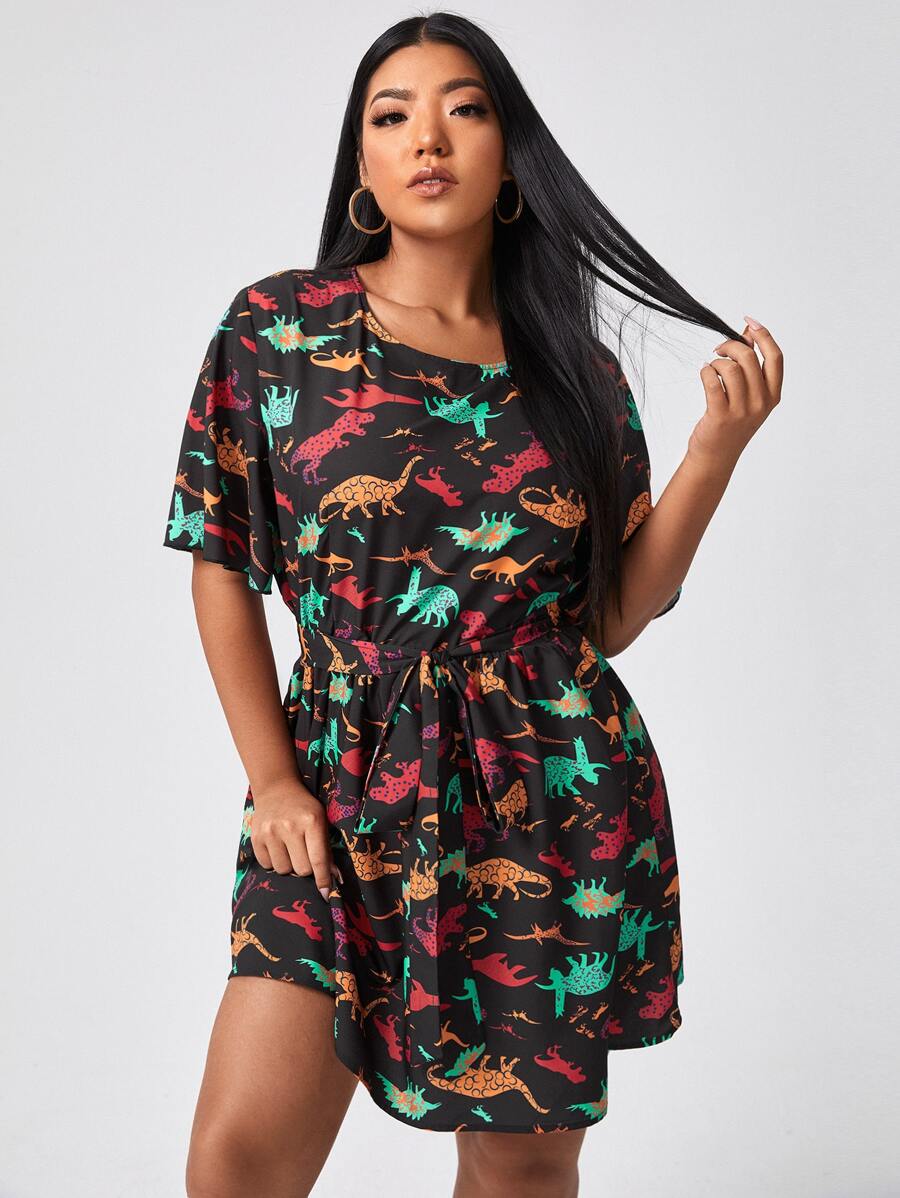 Plus All Over Dinosaur Print Belted A-line Dress - Multicolor - View 1