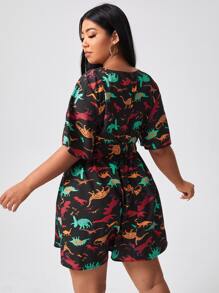 Plus All Over Dinosaur Print Belted A-line Dress - Multicolor - View 2