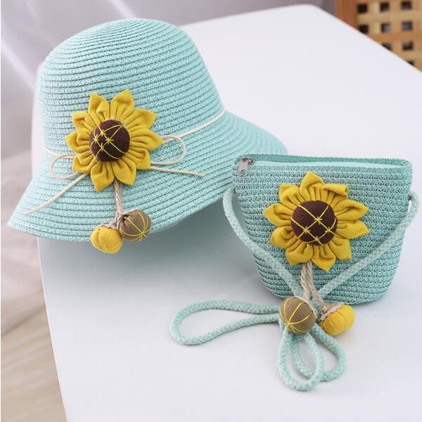 

Girls Sunflower Appliques Straw Bucket Bag & Hat, Mint green