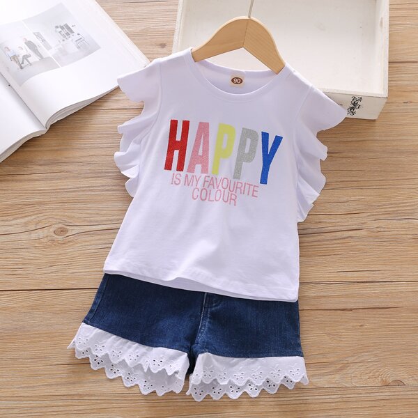 

Toddler Girls Slogan Graphic Tee With Denim Shorts, Blue and white