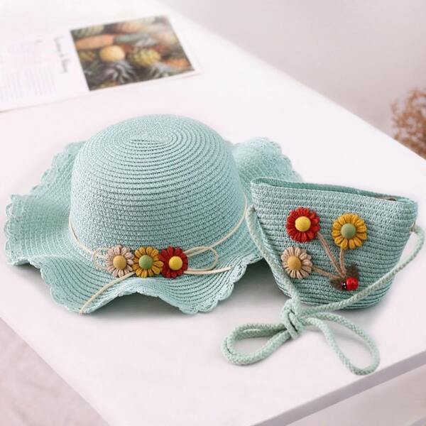 

Girls Flower Appliques Straw Bucket Bag & Hat, Mint green