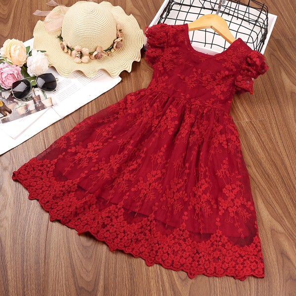 

Toddler Girls Eyelet Embroidery Bow Back A-line Dress, Red