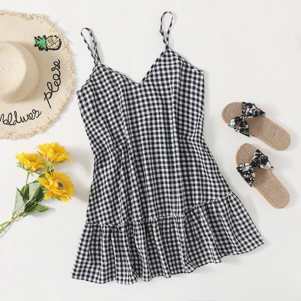 

Ruffle Hem Gingham Cami Dress, Black and white
