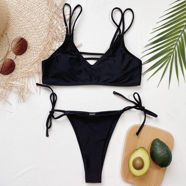 

Double Strap Thong Bikini Swimsuit, Black