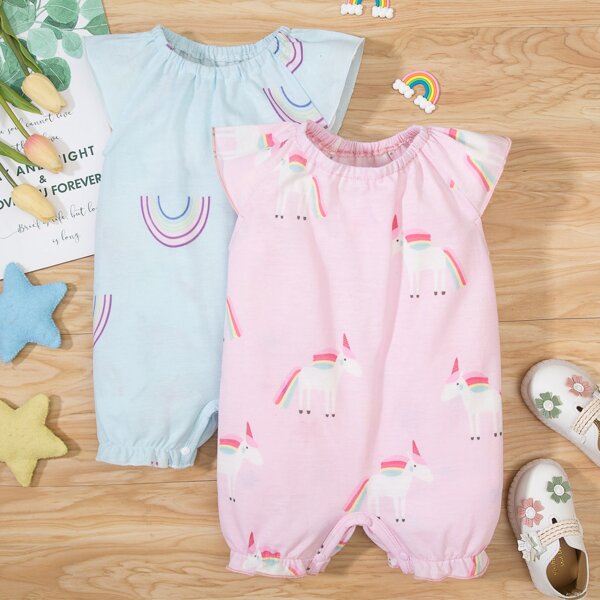 

Baby Girl 2pcs Cartoon Rainbow & Unicorn Tee Romper, Multicolor