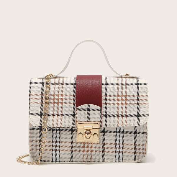 

Plaid Pattern Twist Lock Satchel Bag, Burgundy
