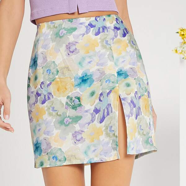 

Slit Hem Floral Print Skirt, Multicolor