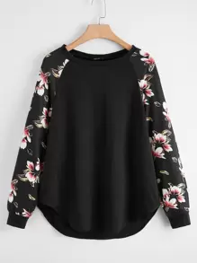 SHEIN LUNE Plus Floral Print Raglan Sleeve Tee - Black - View 1