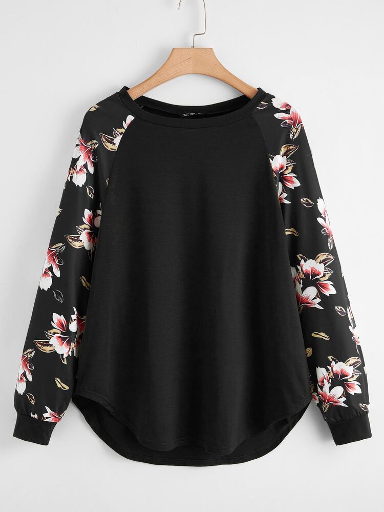 SHEIN LUNE Plus Floral Print Raglan Sleeve Tee - Black - View 1