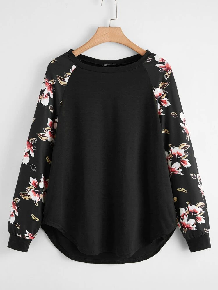 SHEIN LUNE Blommigt Tryckt Raglan-ärmar T-shirt - Svart - Visa 1