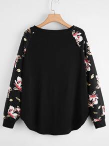 SHEIN LUNE Plus Floral Print Raglan Sleeve Tee - Black - View 2