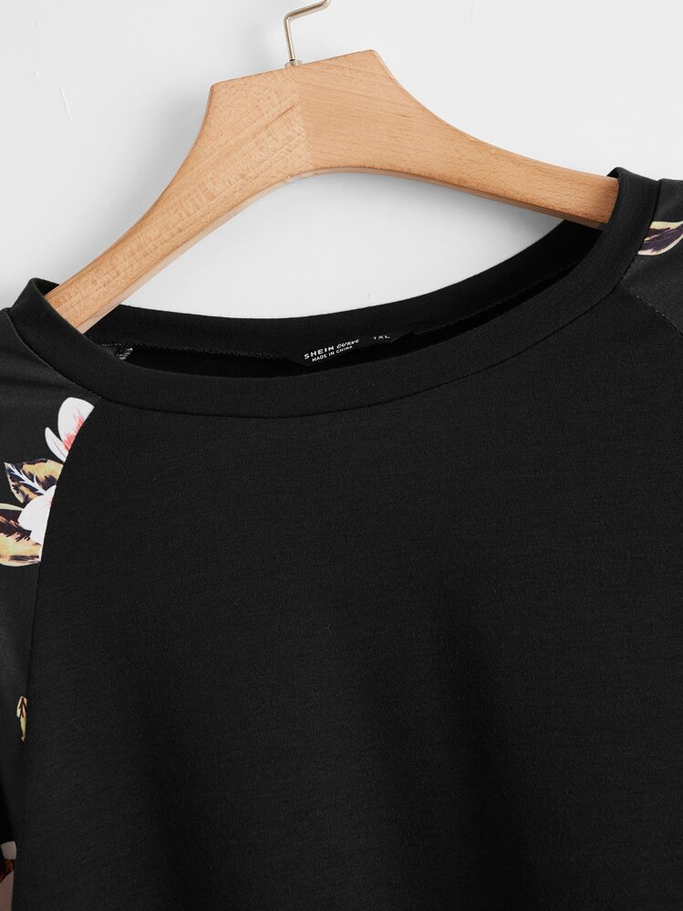 SHEIN LUNE Blommigt Tryckt Raglan-ärmar T-shirt - Svart - Visa 3