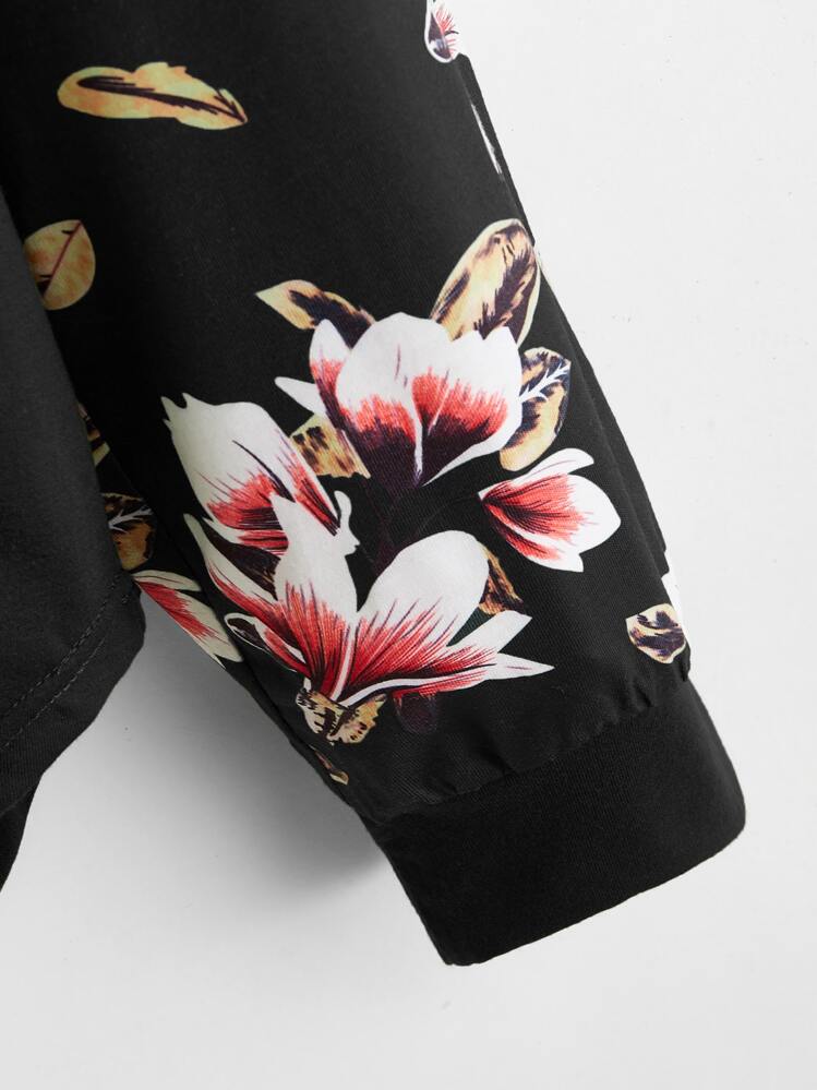 SHEIN LUNE Blommigt Tryckt Raglan-ärmar T-shirt - Svart - Visa 4