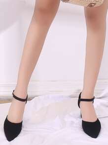 Ankle Strap Suedette Chunky Heels,Women's Pointed Toe Hollow Thick Heel High Heeled Shoes Professional Women's Shoes - Black - View 3