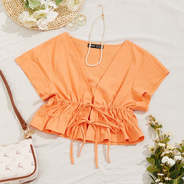 

Drawstring Front Top, Coral orange